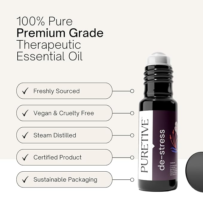 Picture of Puretive's De-Stress Roll On's Key Features such as "Freshly Sourced", "Vegan & Cruelty Free" , "Steam Distilled", "Certified Product" & "Sustainable Packaging"