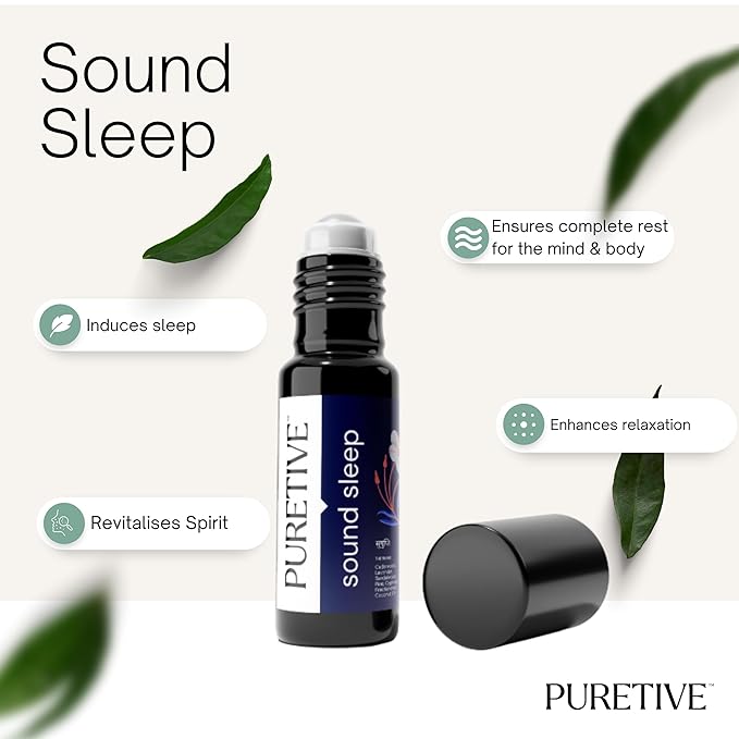 Picture of Puretive's Sound Sleep Roll On with a 100% Pure Blend of Essential Oils curated to help you get a Relaxing Experience, Give complete rest to body & Mind. Revitalises spirit & Induces Sleep.