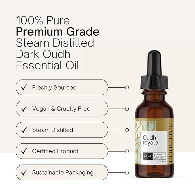 Picture of Puretive's Oudh Essential Oil, displaying it's key features like "Freshly Sourced" , "Vegan & Cruelty Free", "Steam Distilled", "Certified Product" , "Sustainable Packaging"