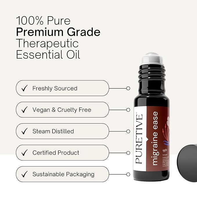 Picture of Puretive's Migraine Ease Roll On's Key Features such as "Freshly Sourced", "Vegan & Cruelty Free" , "Steam Distilled", "Certified Product" & "Sustainable Packaging"