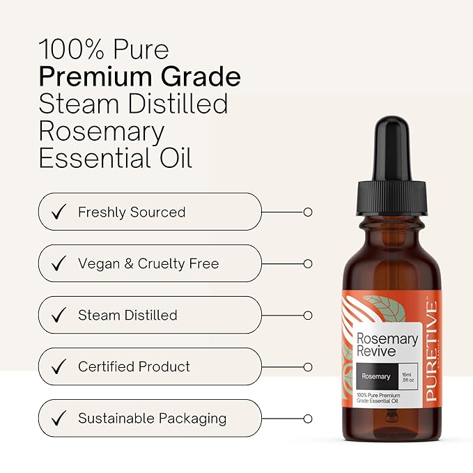 Picture of Puretive's Rosemary Essential Oil, displaying it's key features like "Freshly Sourced" , "Vegan & Cruelty Free", "Steam Distilled", "Certified Product" , "Sustainable Packaging"