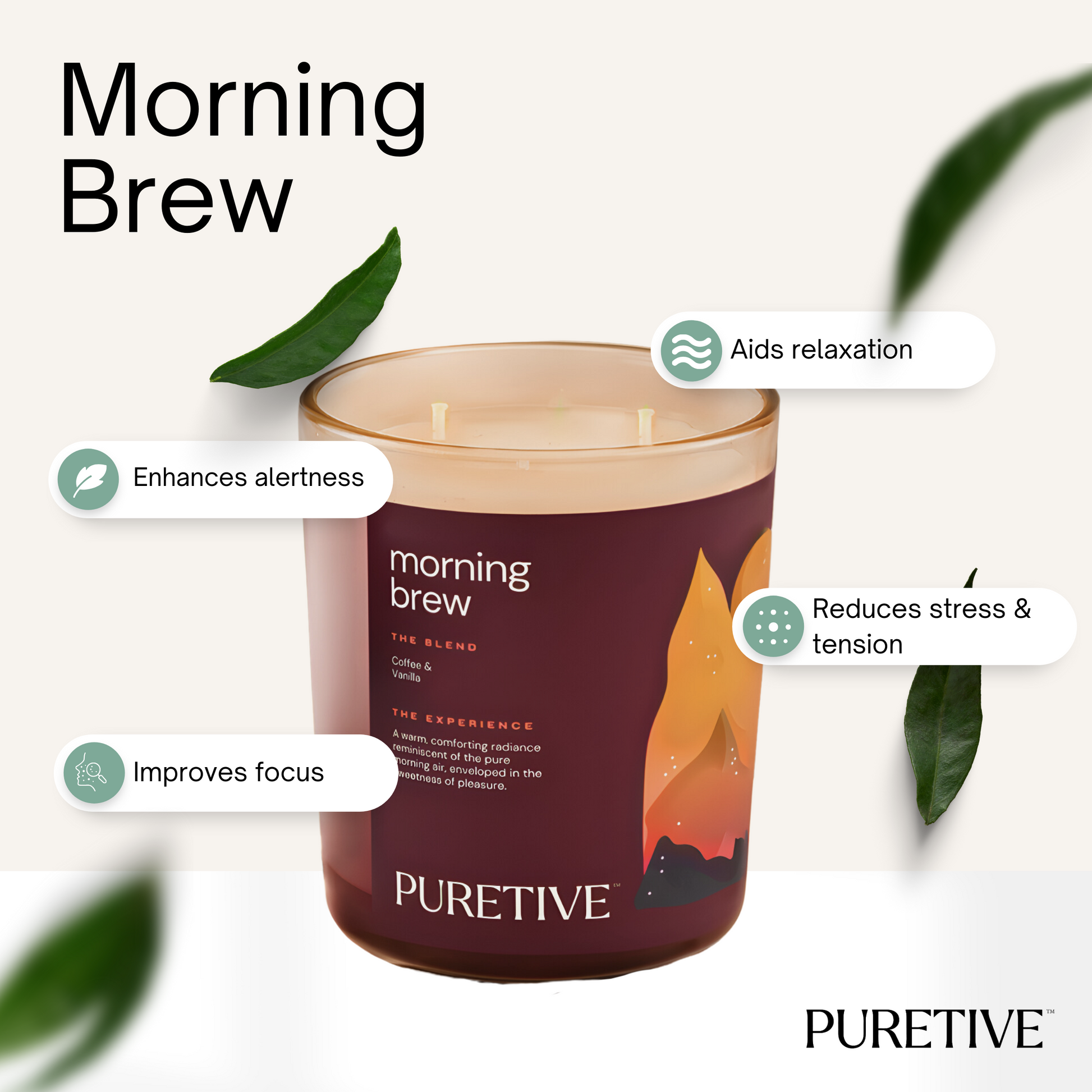 Picture of Puretive's Morning Brew Exotic Scented Candle with a 100% Pure Soy Wax blended with 100% Pure essential oils curated to Enhance alertness, improve focus, reduce stress & tension & Aid relaxation