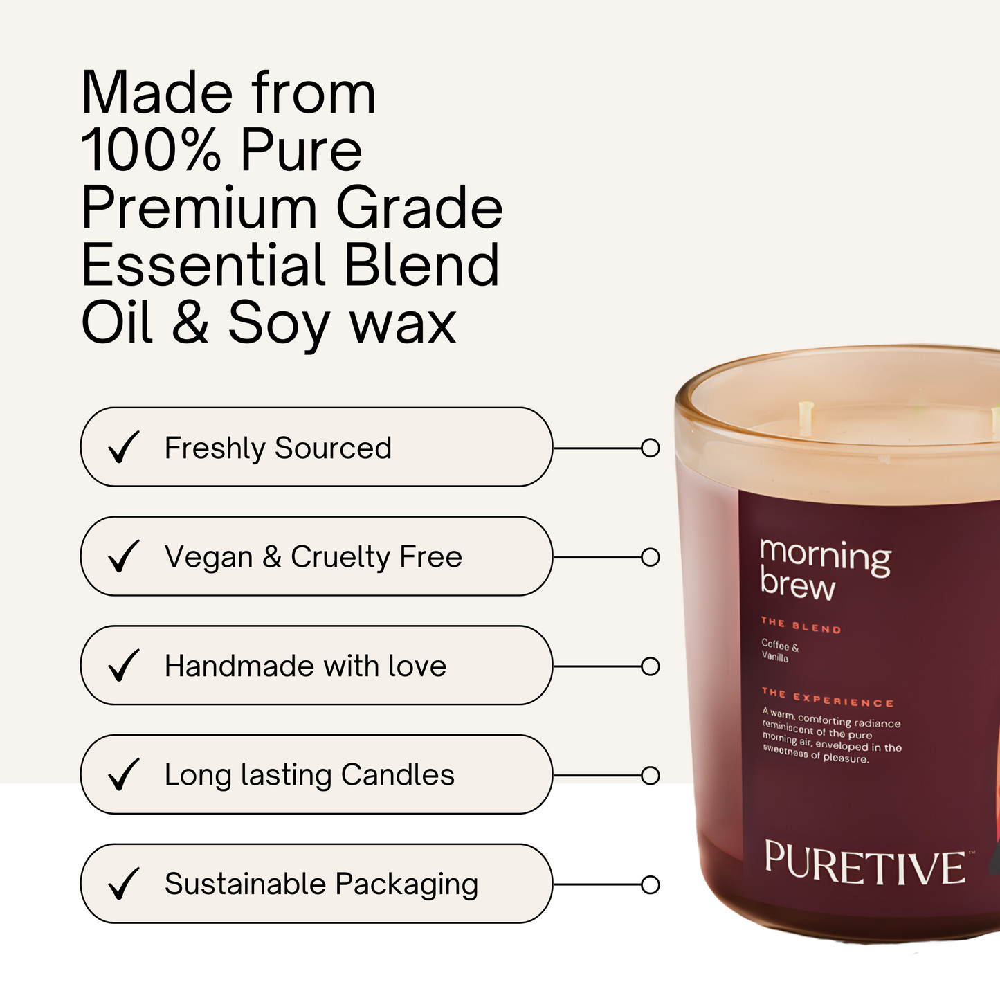 Picture of Puretive's Morning Brew Exotic Scented Candle's Key Features such as "Freshly Sourced", "Vegan & Cruelty Free" , "Handmade With Love", "Long Lasting candles" & "Sustainable Packaging"