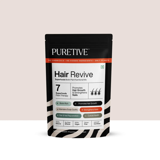 Puretive's Hair Revive Nutrition Mix with 7 superfoods that help elevate your hair and nail health with essential vitamins and minerals. Crafted from pure plant extracts, it restores and strengthens, promoting confidence in your appearance.