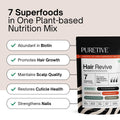 Ad for a plant-based nutrition mix promoting hair and nail health, with product packaging shown.