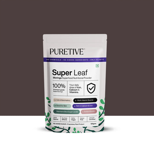 Picture of Puretive's Super Leaf Nutrition Mix with 100% Pure Premium Grade Moringa Superfood, loaded with protein, vitamin B6, vitamin C, and iron. It aids in stress reduction, blood sugar control, weight management, and ensures ideal levels of vitamin D3 and B12.