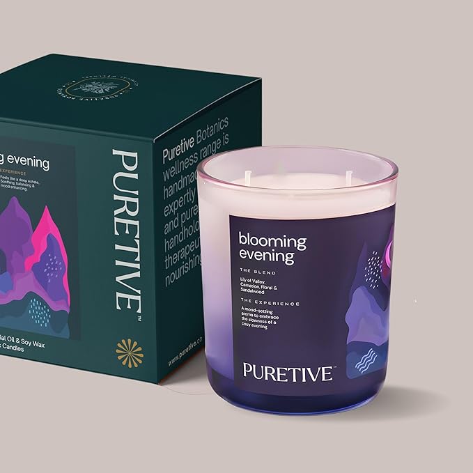 Picture of Puretive's Blooming Evening Exotic Scented Candle with a 100% Pure Soy Wax blended with 100% Pure essential oils curated to Guide you out of anxiousness, induce relaxation, revitalize your energy & Heightened senses.