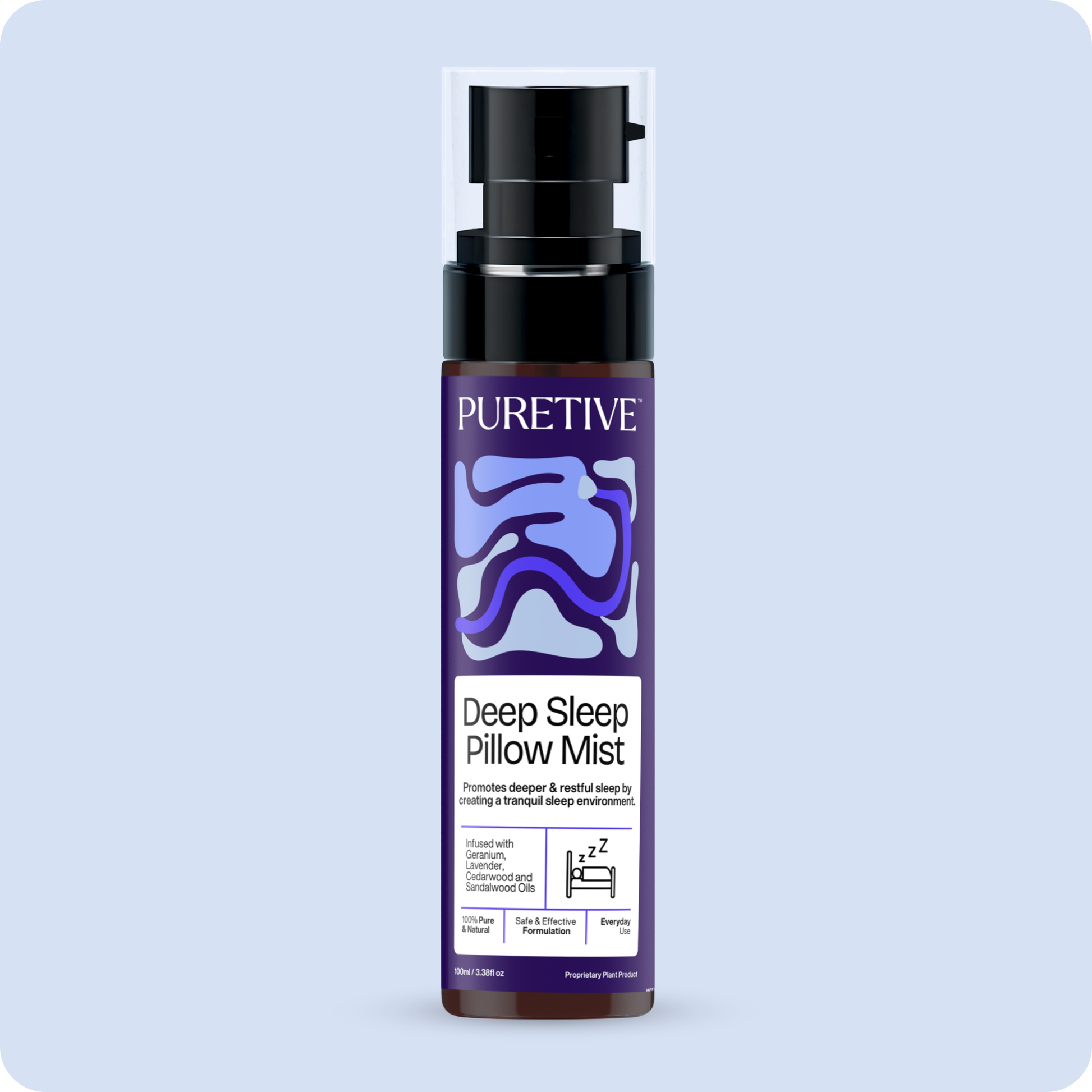 A bottle of PURETIVE Deep Sleep Pillow Mist with a black pump dispenser.