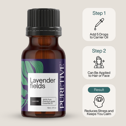 Bottle of lavender essential oil with instructions for use and stress relief benefits.