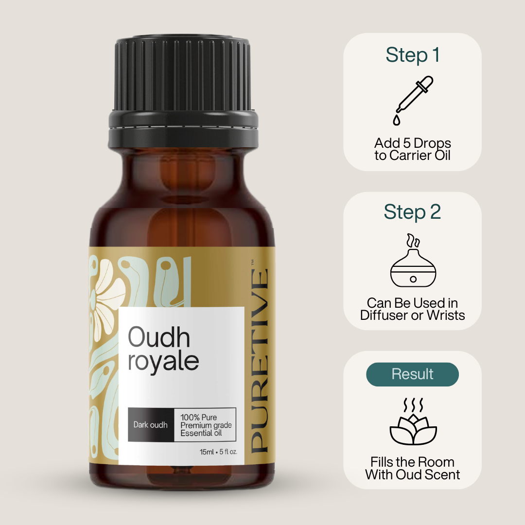 Amber glass bottle labeled "Oudh Royale Essential Oil" with usage steps for diffusing the scent.