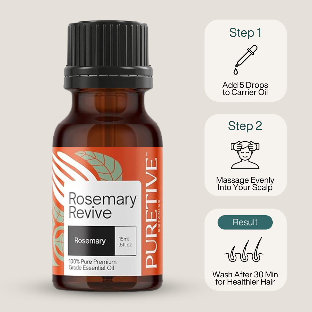 Amber bottle of Rosemary Revive essential oil with instructions for hair use.