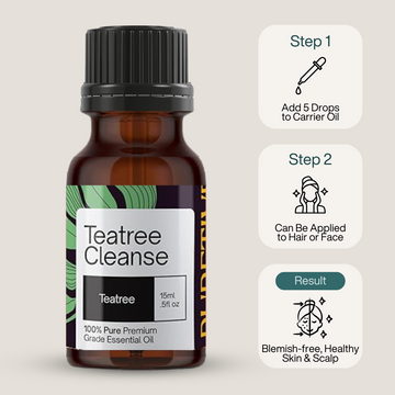 Bottle of Tea Tree essential oil with instructions for mixing with carrier oil and applying to skin or hair for health.