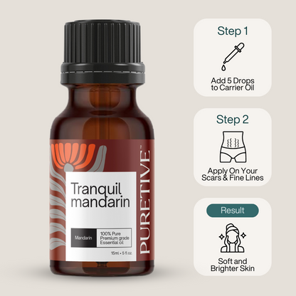A bottle of "Tranquil Mandarin" essential oil with instructions for achieving softer and brighter skin.