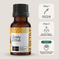 A bottle of Zesty Citrus essential oil with instructions on how to use for stress relief.