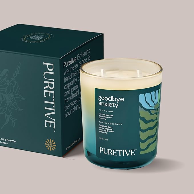 Picture of Puretive's Goodbye Anxiety Exotic Scented Candle with a 100% Pure Soy Wax blended with 100% Pure essential oils curated to Reflect Short term stress positively, improve brain clarity, ease anxiety & Uplift mood