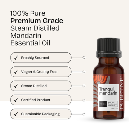 Bottle of Tranquil Mandarin essential oil with benefits listed like vegan, cruelty-free, and sustainable.