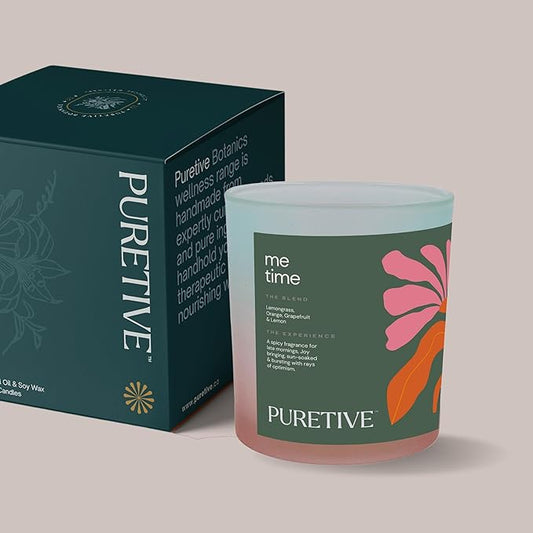 Picture of Puretive's Me time Exotic Scented Candle with a 100% Pure Soy Wax blended with 100% Pure essential oils curated to help you with more energetic mornings, relief from nausea, unwind & Reinforces mental focus & Clarity