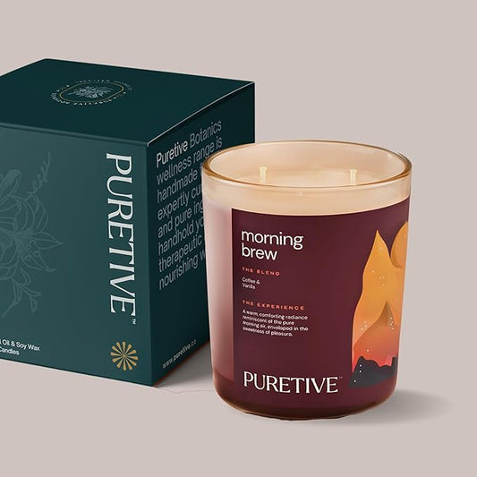 Picture of Puretive's Morning Brew Exotic Scented Candle with a 100% Pure Soy Wax blended with 100% Pure essential oils curated to Enhance alertness, improve focus, reduce stress & tension & Aid relaxation
