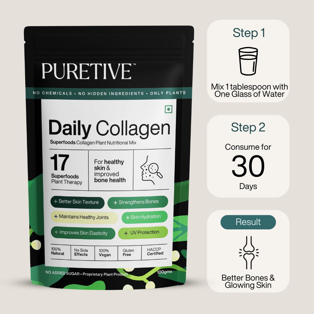 Packaging of "Daily Collagen" supplement with instructions for improved skin and bone health.