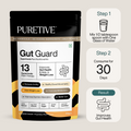 A package of 'PURETIVE Gut Guard' dietary supplement with usage steps for gut health improvement.