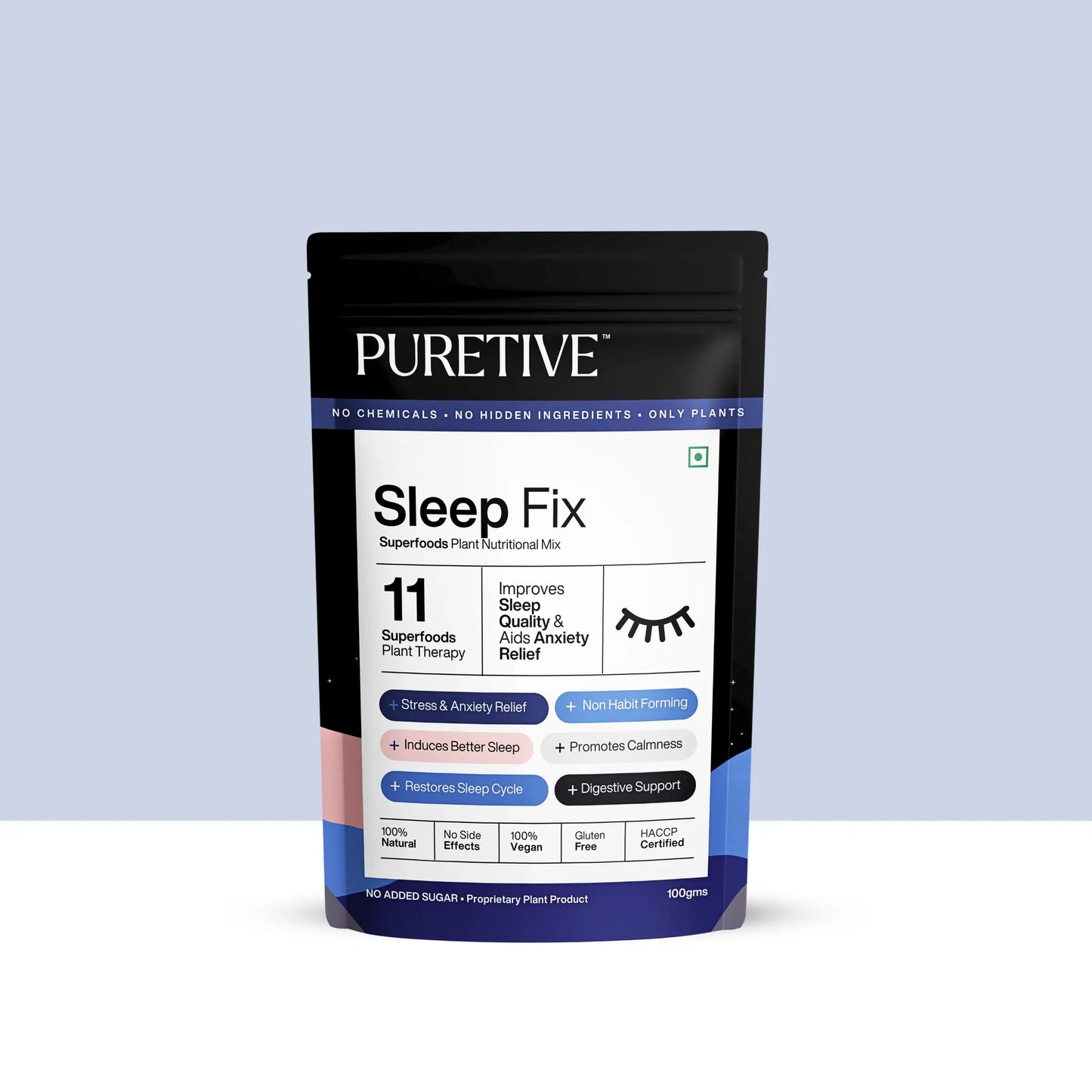 Puretive's Sleep Fix Nutrition Mix  with 11 100% Pure superfoods, carefully designed to promote better sleep by addressing stress, hormone balance, and digestion, ultimately restoring your sleep cycle & improving your overall well-being. 