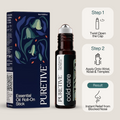 Essential oil roll-on product with packaging, demonstrating usage steps for relieving nasal congestion.