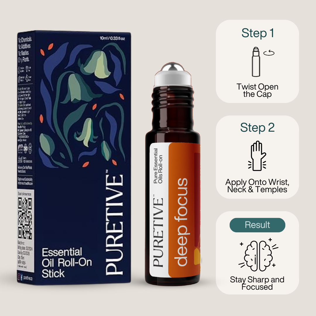 Essential oil roll-on with packaging and instructions on how to use for focus.