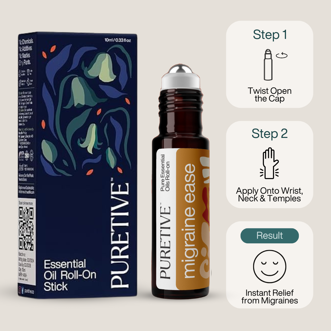 Product packaging for "PURETIVE Migraine Ease" essential oil roll-on with usage instructions.