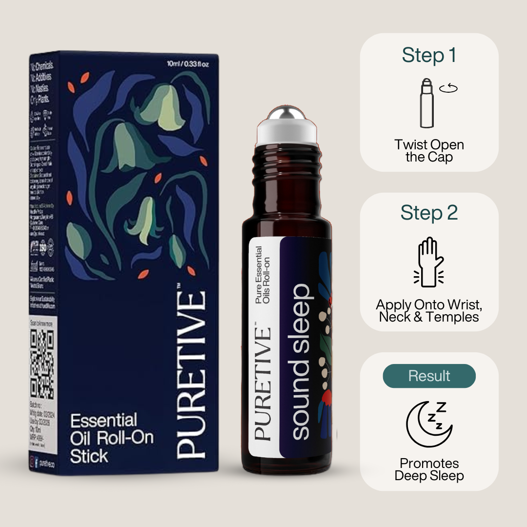 Essential oil roll-on stick with instructions for use to promote sleep.