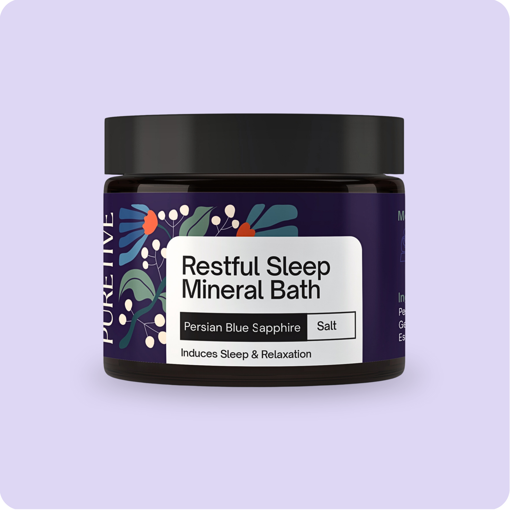 Jar of "Restful Sleep Mineral Bath" with Persian Blue Sapphire Salt, for sleep and relaxation.