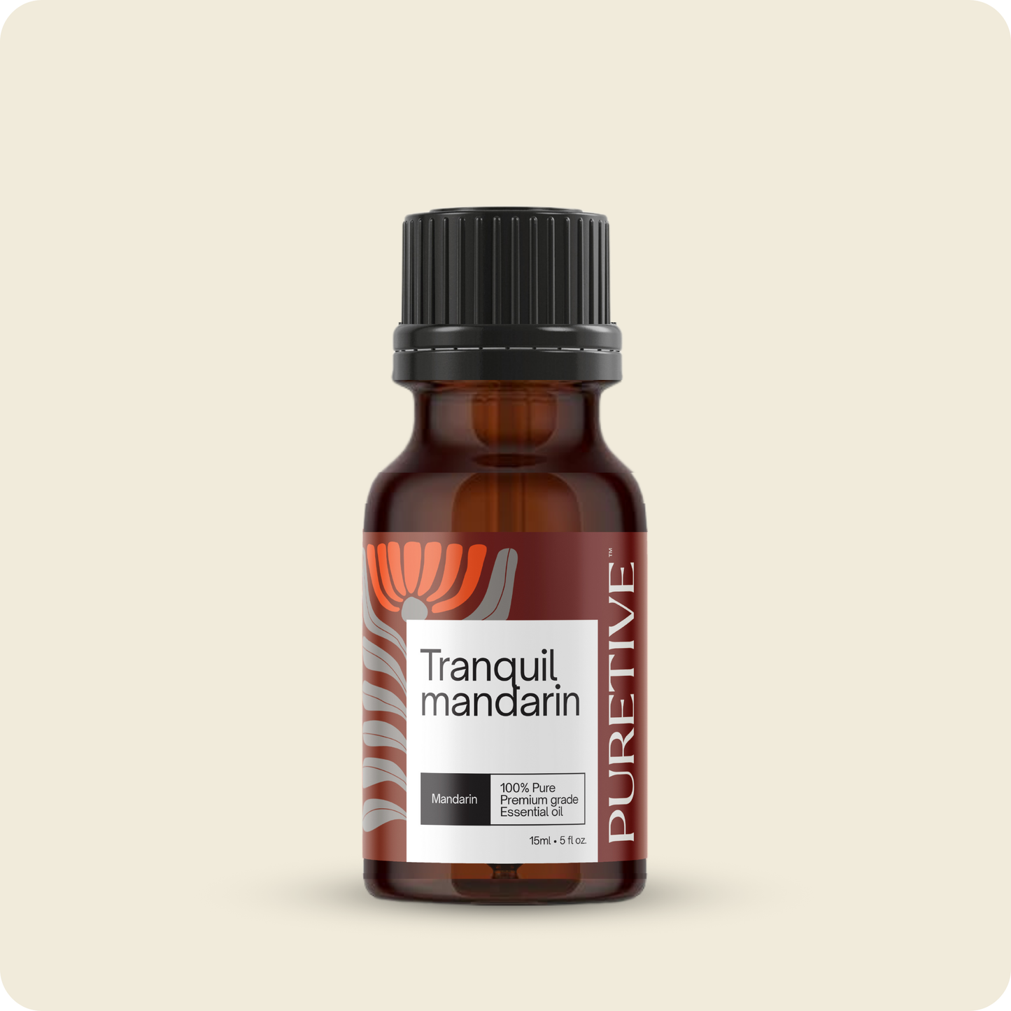 Brown essential oil bottle labeled "Tranquil Mandarin" with black cap on a white background.