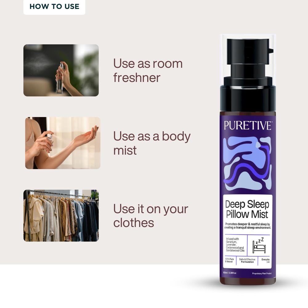 An advertisement showing a "PURETIVE Deep Sleep Pillow Mist" bottle with usage instructions as room freshener, body mist, and on clothes.